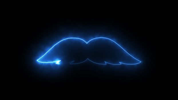 Computer generated abstract background with neon light draws a mustache shape. 3D rendering mustache icon of luminous shiny lines