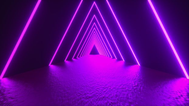 3D rendering, abstract geometric background, virtual reality, computer generated fluorescent ultraviolet light, glowing neon lines, a triangular tunnel with a straight smooth road