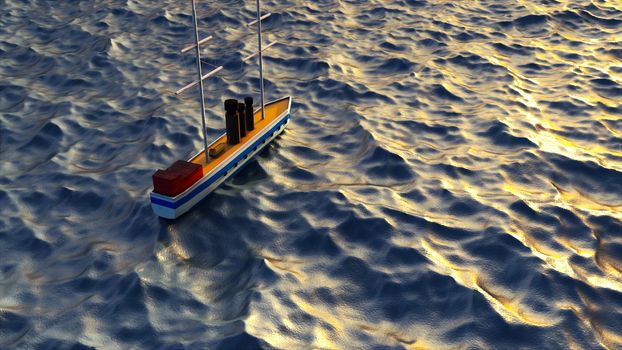 3d rendering of a surface boat in the open sea, top view. Computer generated marine ship on a background of water with waves