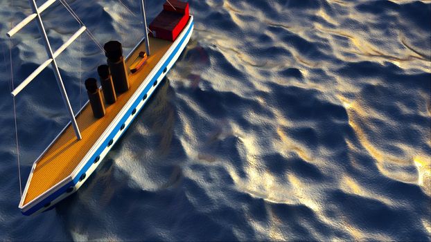 3d rendering of a surface boat in the open sea, top view. Computer generated marine ship on a background of water with waves