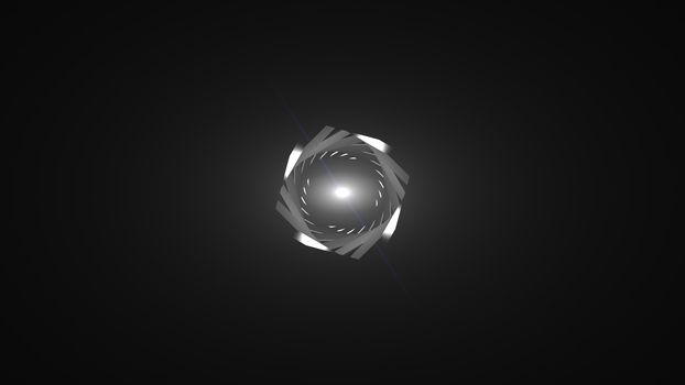 Spiral twisting of a square frame into a light white spot. Centrifugal force. Computer generated abstract background, 3d rendering