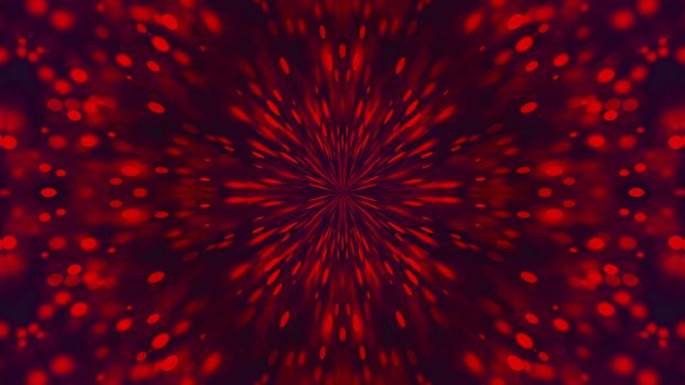 Computer generated a kaleidoscope of red particles flying from the center on a dark background, 3d rendering