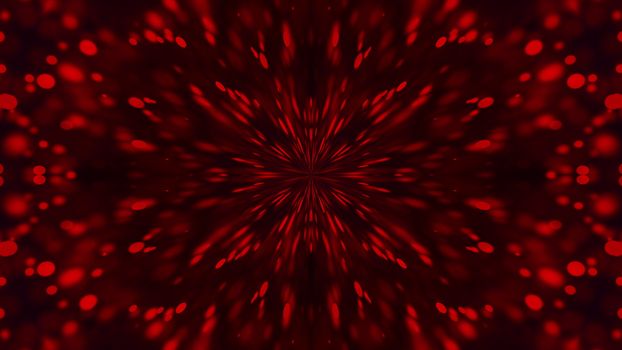 Computer generated a kaleidoscope of red particles flying from the center on a dark background, 3d rendering