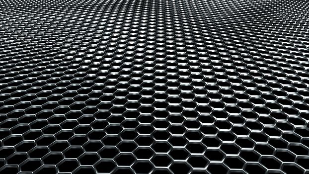 Wavy metal surface made of shiny silver hexagons. Computer generated modern background, 3D rendering.