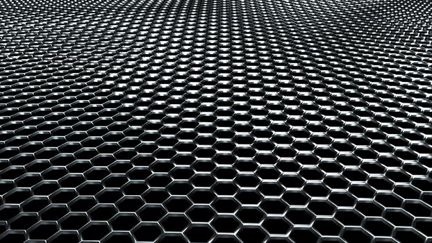 Wavy metal surface made of shiny silver hexagons. Computer generated modern background, 3D rendering.