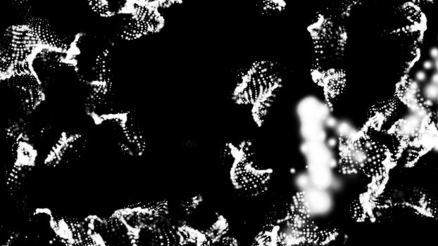 Waving particles in the abstract space, computer generated 3d rendering background like terrain or liquid surface