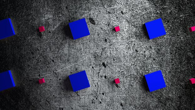 Computer generated rows of large and small cubes on a gray grunge background, 3d rendering