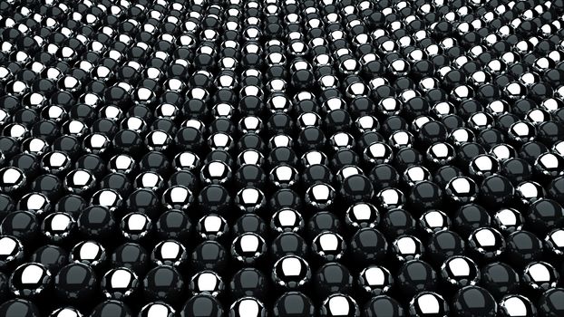 Many black and white metal spheres, optical Illusion like sea waves, isometric background, modern computer generated 3D render backdrop