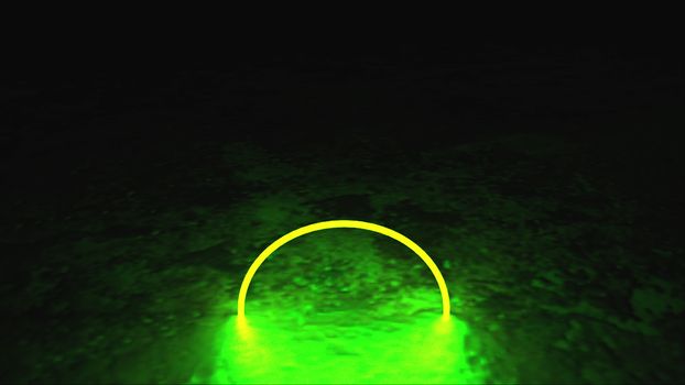 Neon circles are on the surface, abstract 3d rendering background, computer generated backdrop