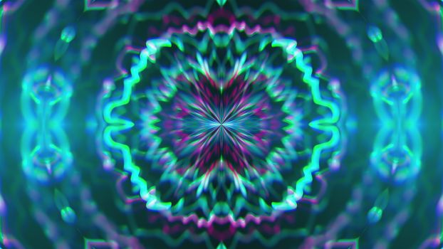 Abstract symmetry kaleidoscope like Mandala ornament, 3d rendering backdrop, computer generating background