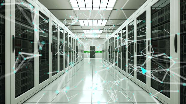 Server room and connection dots in datacenter, web network and internet telecommunication technology, data storage and cloud service concept, 3d rendering