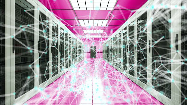 Server room and connection dots in datacenter, web network and internet telecommunication technology, data storage and cloud service concept, 3d rendering