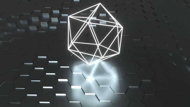 Neon atom symbol are on surface with reflection, futuristic 3d rendering background, icosahedron geometric shape