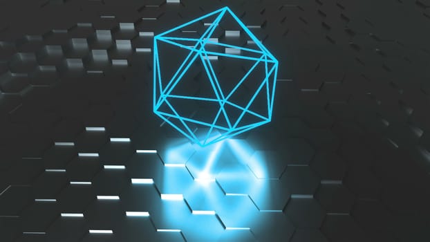 Neon atom symbol are on surface with reflection, futuristic 3d rendering background, icosahedron geometric shape