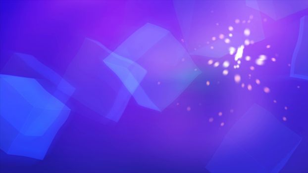 Blue cubis abstraction in the clear space with shiny particles, light and easy background, 3d rendering backdrop