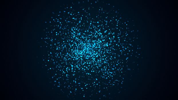 Many abstract small blue particles in sphere shape in space, computer generated abstract background, 3D rendering