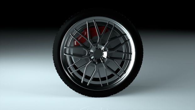 Modern and shiny car wheel on the surface, stylish and simple object, 3d rendering computer generated backdrop