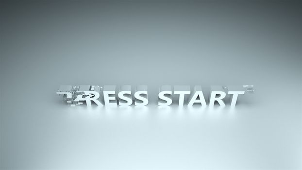 3d text - Press start with glitches effect are on surface, background for gaming design, above view, computer generated