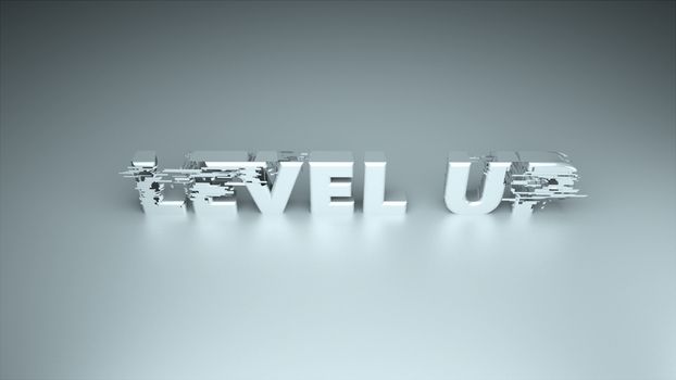 3d text - Level up with glitches effect are on surface, background for gaming design, above view, computer generated