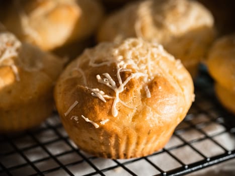Delicious savory salted muffins with cream cheese, herbs and spices, topping grated parmesan. Close up view, selective focus.