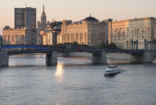 Russia, Moscow, Center of City View on River, Bridge and Buildings of Different Styles.