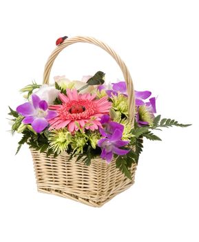 Bouquet of flowers in the basket, isolated on white.