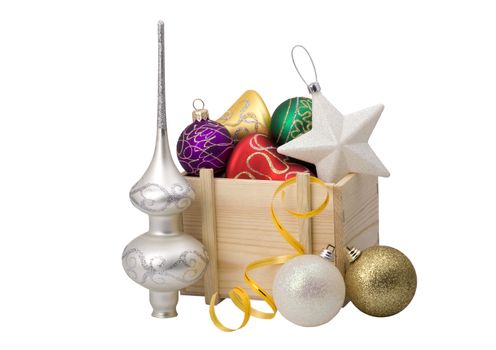 wooden box with christmas decorations, isolated on white background.