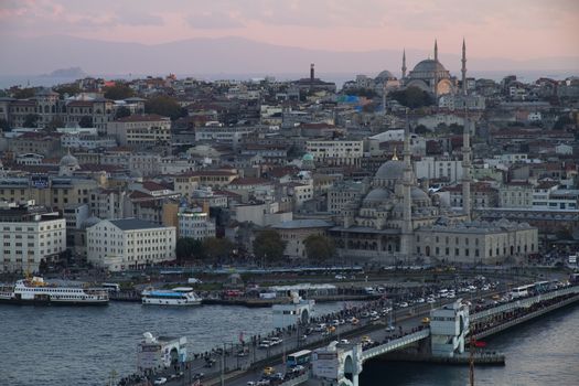 Turkey Istanbul View on Old City and Galata Bridge at Sunset