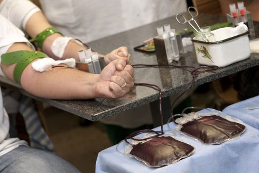   blood donation, hands with rubber tourniquet used in blood draw procedures. blood bags on the table 