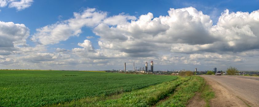 Odessa, Ukraine - 05.09.2019. Panoramic view of Odessa Port Plant, the chemical manufacturing company on a Black Sea in Ukraine