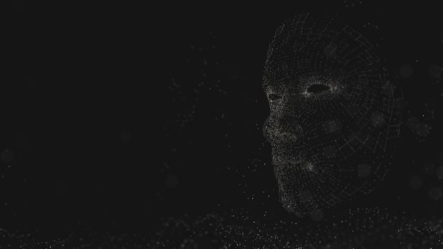 Human face consisting of luminous lines and dots. 3D illustration on a black background