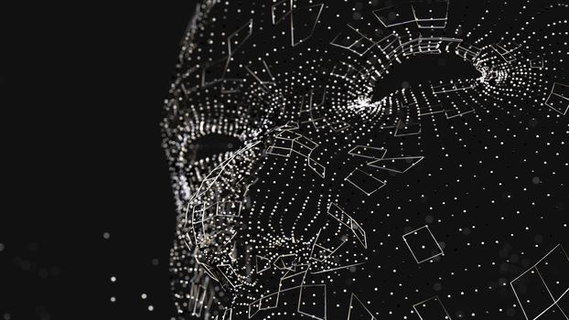 Human face consisting of luminous lines and dots. 3D illustration on a black background