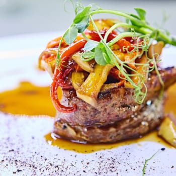 Delicious beef steak with vegetables. Shallow dof