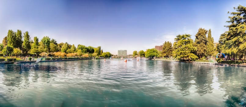Panoramic view over the artificial lake in the EUR district, Rome, Italy