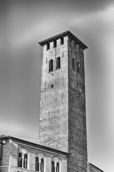 Tower of the Palazzo della Ragione, a medieval town hall building and landmark in Piazza delle Erbe, Padua, Italy