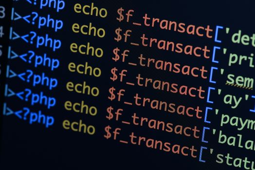 Real Php code developing screen. Programing workflow abstract algorithm concept. Lines of Php code visible.