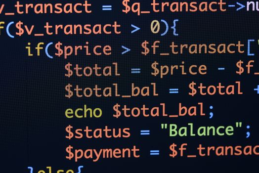 Real Php code developing screen. Programing workflow abstract algorithm concept. Lines of Php code visible.
