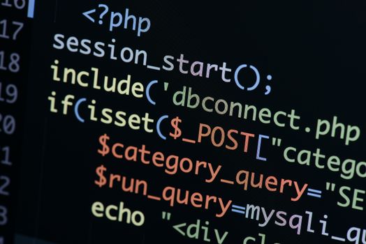Real Php code developing screen. Programing workflow abstract algorithm concept. Lines of Php code visible.