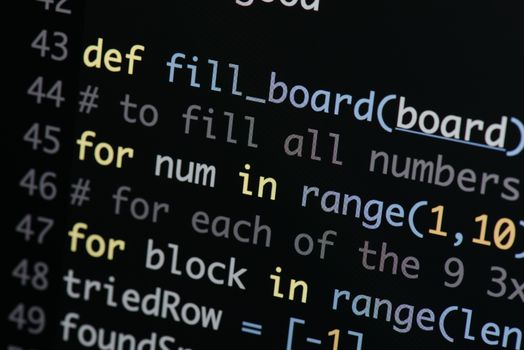 Real Python code developing screen. Programing workflow abstract algorithm concept. Lines of Python code visible under magnifying lens.