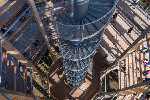 Detail view of wooden and steel lookout tower on treetop canpy walkway, Rogla, Slovenia