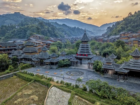 The bird's eye view of the traditional Dong village of Zhaoxing in Guizhou, China. The Chinese character in the photo is the name of Dong Village.