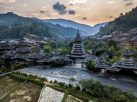 The bird's eye view of the traditional Dong village of Zhaoxing in Guizhou, China. The Chinese character in the photo is the name of Dong Village.