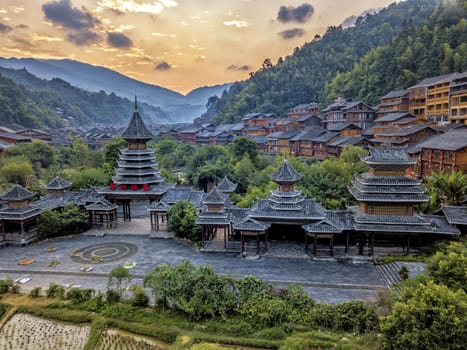 The bird's eye view of the traditional Dong village of Zhaoxing in Guizhou, China. The Chinese character in the photo is the name of Dong Village.