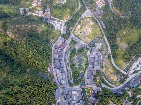 The bird's eye view of the traditional Dong village of Zhaoxing in Guizhou, China. The Chinese character in the photo is the name of Dong Village.