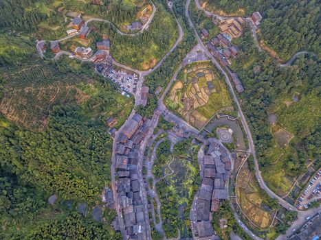 The bird's eye view of the traditional Dong village of Zhaoxing in Guizhou, China. The Chinese character in the photo is the name of Dong Village.