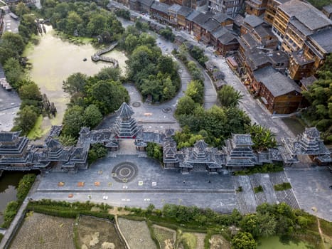 The bird's eye view of the traditional Dong village of Zhaoxing in Guizhou, China. The Chinese character in the photo is the name of Dong Village.