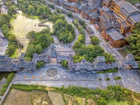 The bird's eye view of the traditional Dong village of Zhaoxing in Guizhou, China. The Chinese character in the photo is the name of Dong Village.