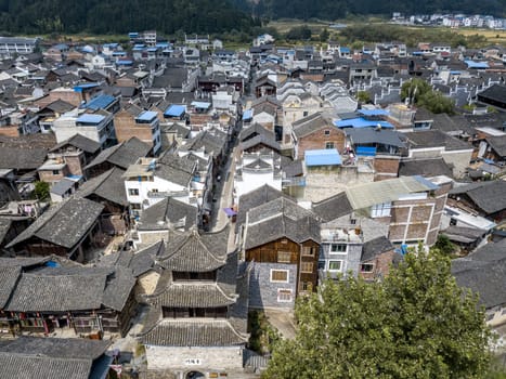 The bird's eye view of the traditional Longli Ancient Town in Guizhou, China. The Chinese character in the photo is the name of the old town.