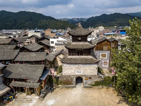 The bird's eye view of the traditional Longli Ancient Town in Guizhou, China. The Chinese character in the photo is the name of the old town.