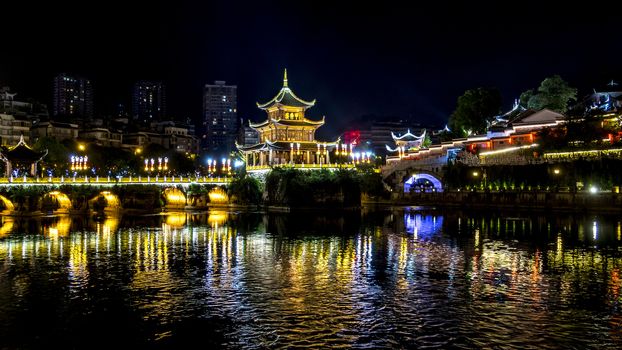 The Jiaxiu Pavilion in Guiyang city of Guizhou province, China. The Chinese character in the photo is the name of the the pavilion and it is a public good no property release required.